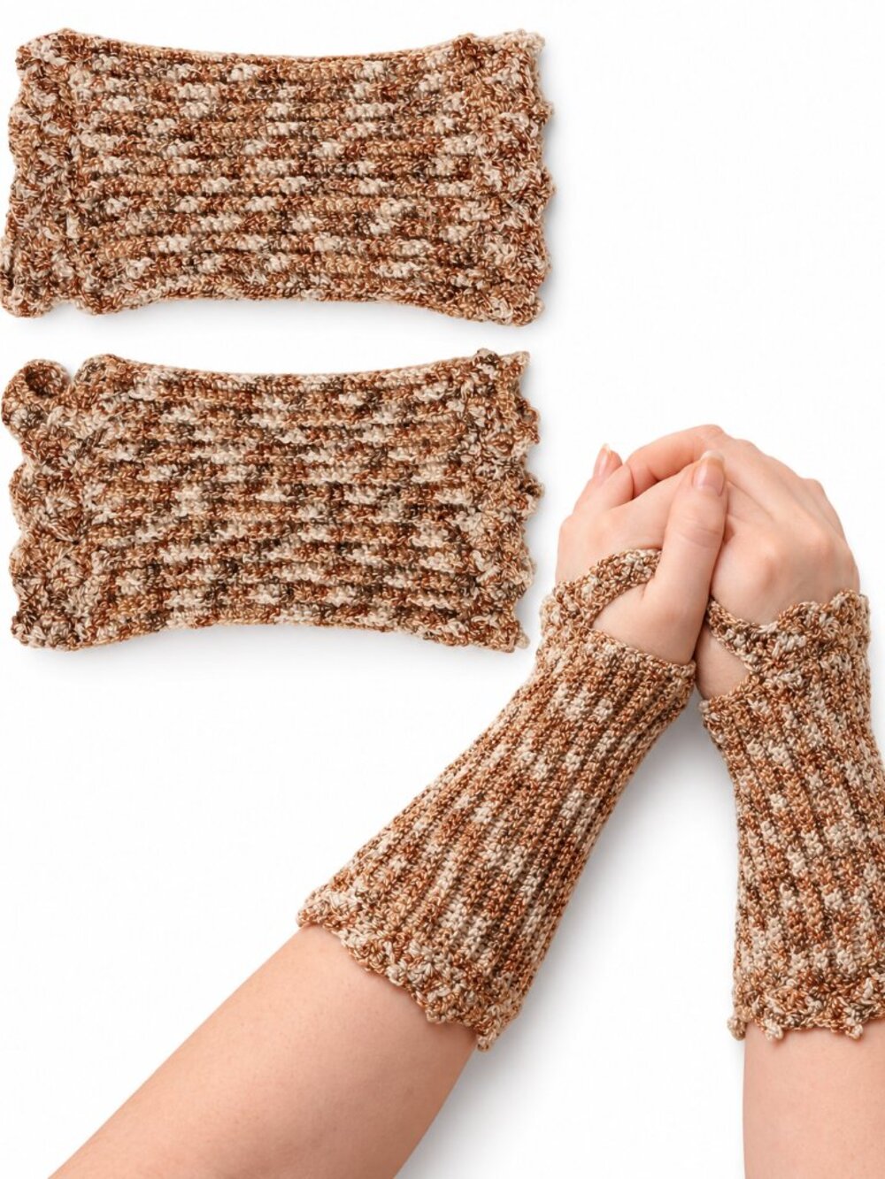 Handmade Crochet Fingerless Gloves Brown Cream Wrist Warmers Textured